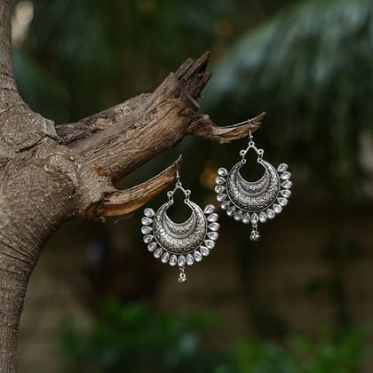 Oxidized Silver Plated Kundan Chandbali Earrings