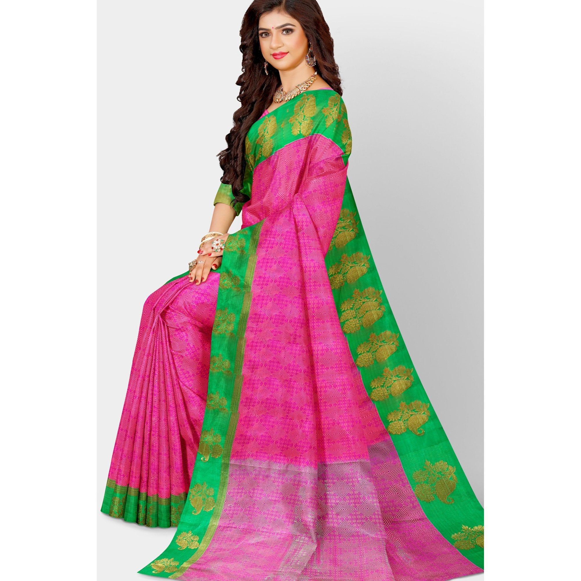 TheHangr Pink Katan Silk Saree With Beautiful Contrast Green Border