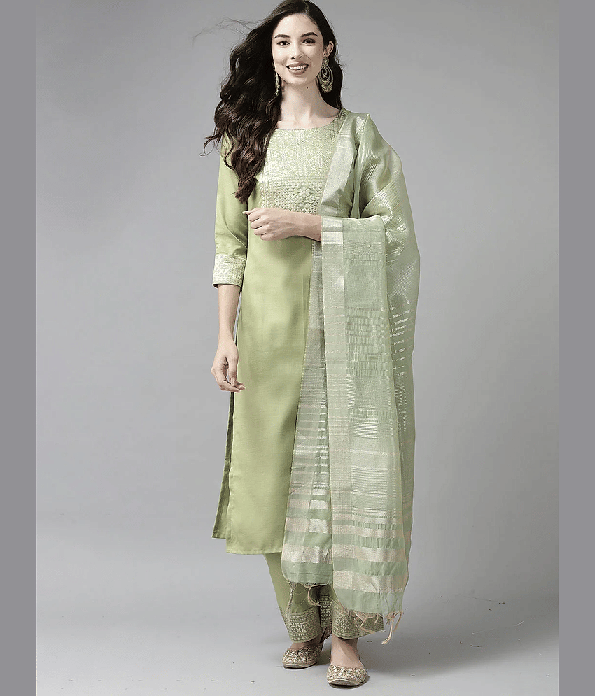 Estela Cotton Embroidered Kurti With Palazzo Women's Stitched Salwar Suit - Sea Green ( Pack of 1 )