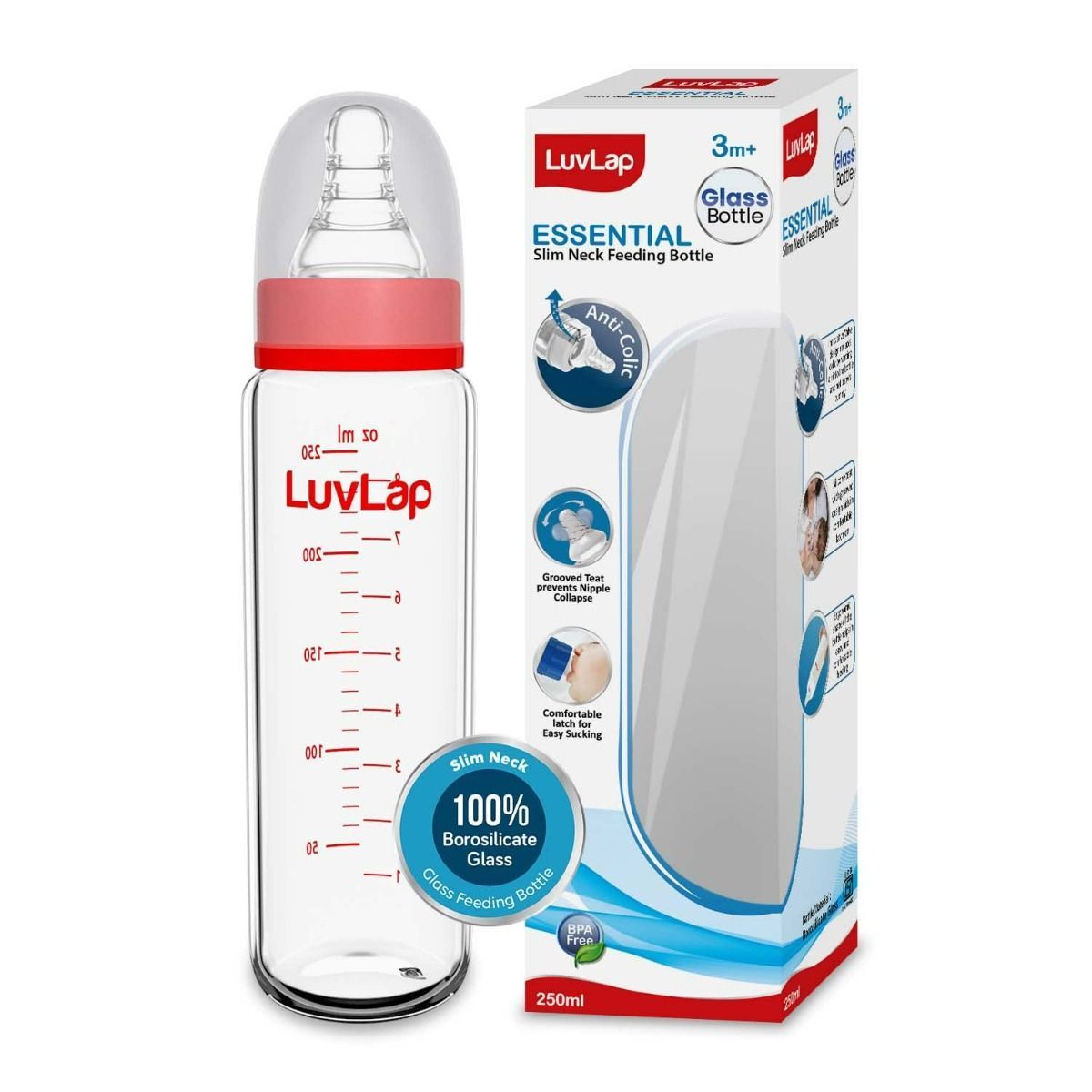 LuvLap Essential Slim Neck Glass Feeding Bottle For Newborn Babies up to 3 Months, Medium Hole Nipple,Easy Grip and Hygiene Ensured,Transparent 250ml