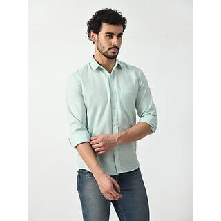 Alokk Men Regular Fit Solid Curved Collar Casual Shirt (Light Blue)