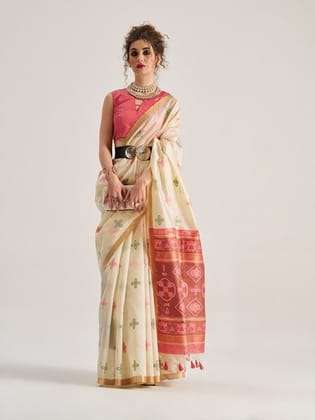 Butter Cream Patola Handloom Saree With Fancy Blouse