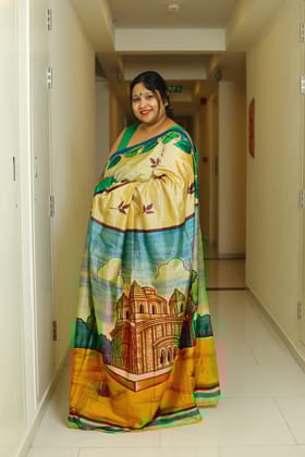Virassat-Pure Mulberry Silk/Bishnupuri Silk / Handpainted Pure Silk / Cream and Mustard