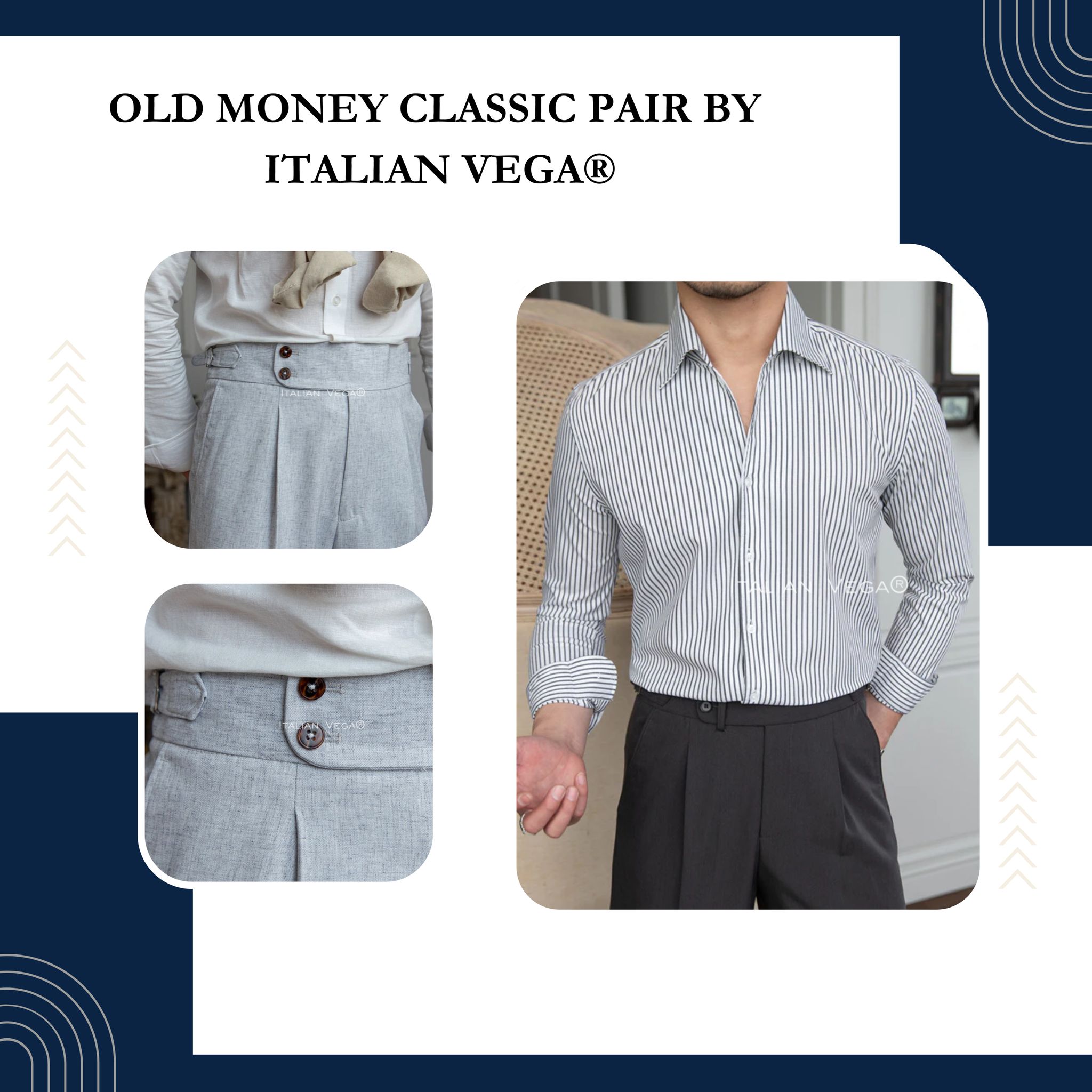Old Money Grey Stripe Shirt with Ash Grey Signature Buttoned Gurkha Pant by ITALIAN VEGA®-M / 28