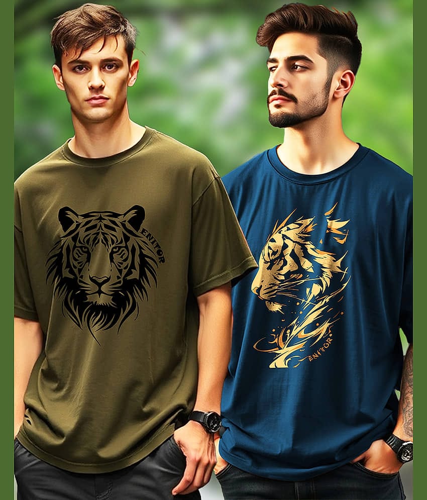 ENITOR Men Cotton Blend Oversized Fit Printed T-Shirt ( Green )