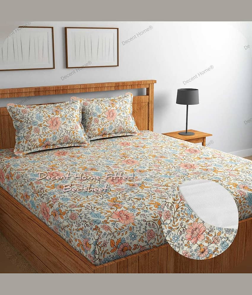 Decent Home Cotton Floral Fitted 1 Bedsheet with 2 Pillow Covers ( Double Bed ) - Multi