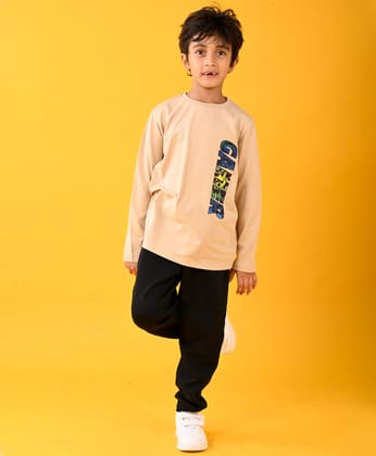 GAMER BEIGE T-SHIRT AND WARM FLEECE BLACK JOGGER SET - BEIGE / BLACK-0-6 MONTHS / 2N / BEIGE / BLACK