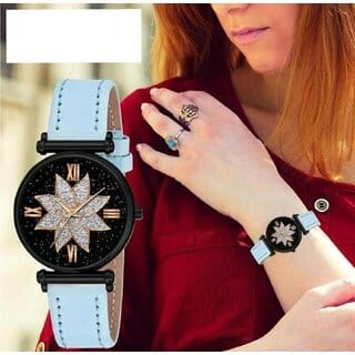 Bolun Black Star Dial Rose Rl Cash Leather SkyBlue Belt Analog Women and Girls WatchCvvm447