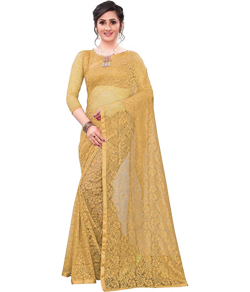 Indy Bliss Net Saree With Unstitched Blouse Piece ( Brown )
