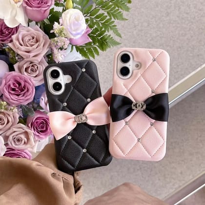 Luxury Leather Black Case Pink Bow Glitter Diamond iPhone Case-iPhone 13 / iPhone 14 / Black