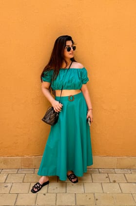 Carrie Green Poplin Crop Top and Skirt Set with Belt-XL