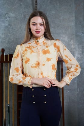 Tie & Dye Smocked Cuff Sleeve Ruffle High Neck Top-XXS / Oat Beige / SH012-DPKL001-1.1-NILL-NILL-NILL-NILL-THY001-FS001-NILL-BT002/BT027-11/1