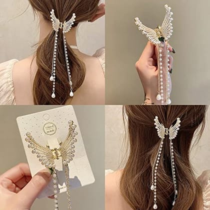 Aliza Elegant Tassel Pearl Butterfly Hair Clip Flying Metal Hair Claw Clips Hair Clamps Hair Styling Clips Hair Accessories For Women And Girls (1 Pcs)