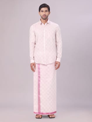 Mens Rose Tissue Jacquard Shirt with Matching Dhoti Combo Zeus-36 / F/S / Rose