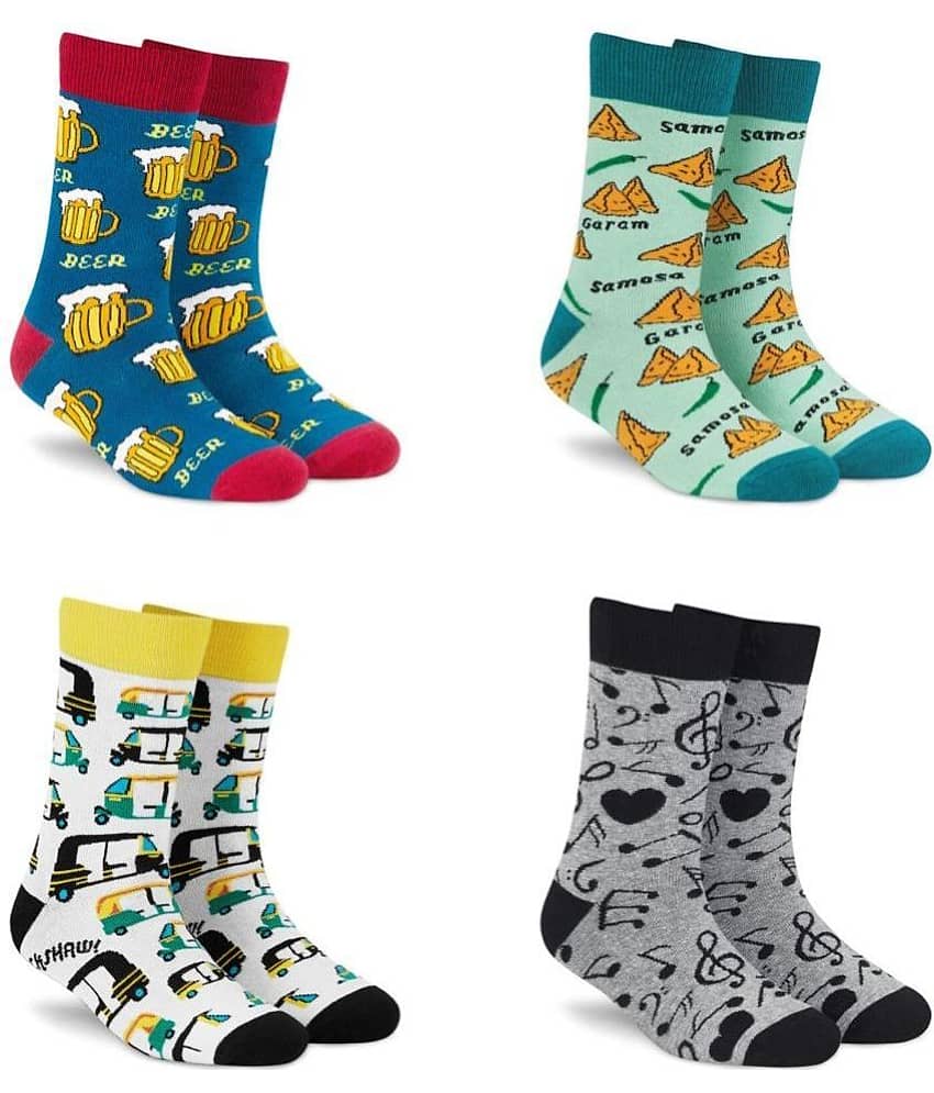 Dynamocks Cotton Men's Printed Multicolor Full Length Socks ( Pack of 4 )