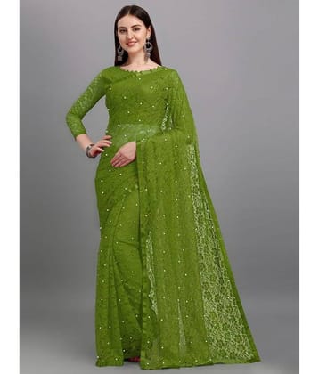 VANRAJ CREATION Net Self Design Saree With Unstitched Blouse Piece ( Olive )