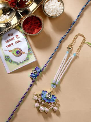 NVR Unisex Set of 2 Blue Lotus Shape Kundan-Studded & Beaded Handcrafted Wraparound Rakhi Set With Roli Chawal-Freesize / Blue / Brass