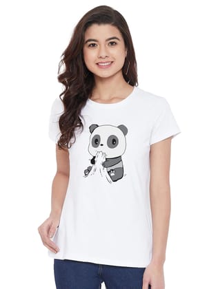 Women's Cotton Blend Panda Bites Printed T-Shirt S (White)