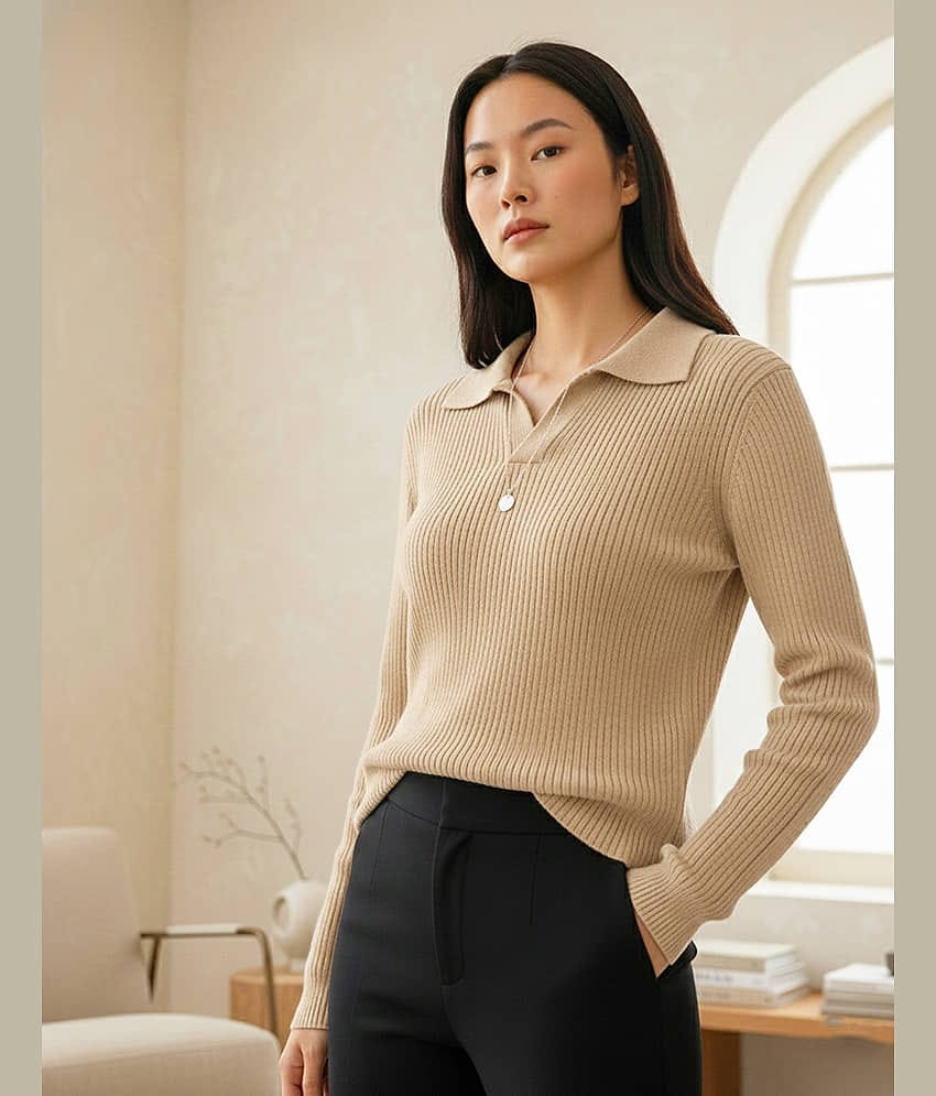 VIOUR Women Polyester Solid Regular Fit Polo Collar T-Shirt ( Beige )