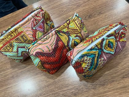 Handmade Quilted Pouches, Colorful African Print Pattern, Zippered Cosmetic Bags, Set of 3