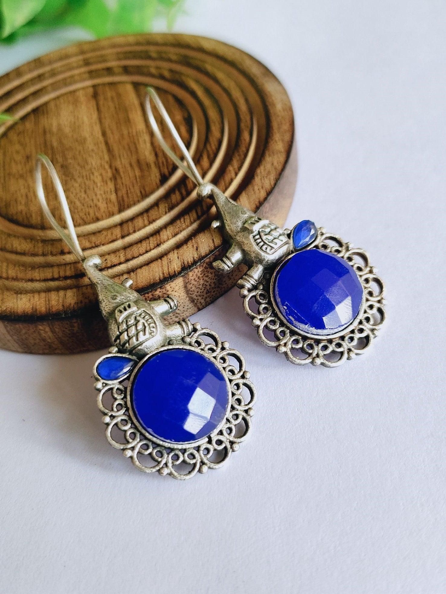 Silver Look-Alike Elephant Earrings with Monalisa Stones | Sarichka-Blue