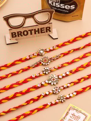 NVR Men Set of 6 Red & Yellow Kundan Studded Floral Design Thread Rakhi Combo-One Size / Red