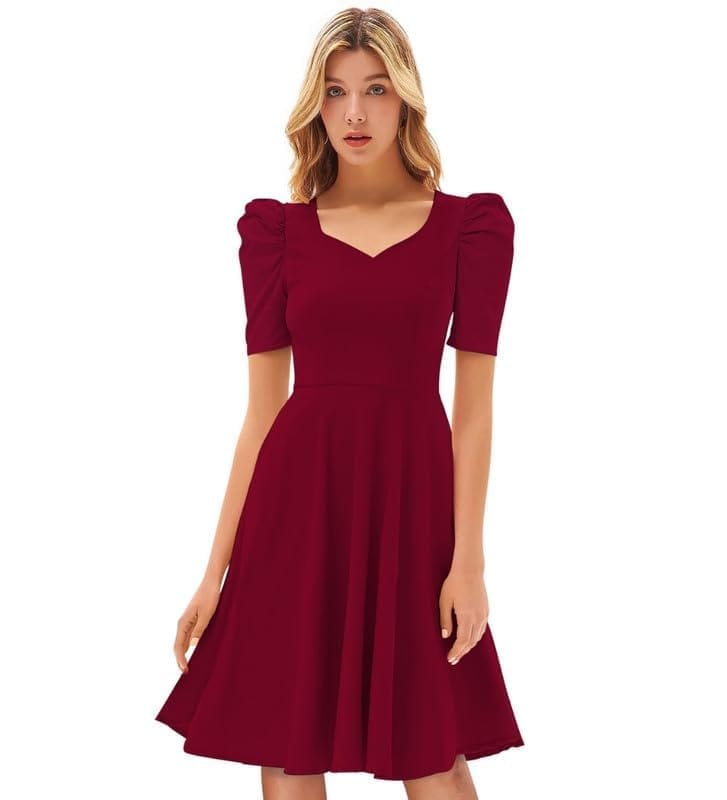 Women's Knitting Stretchable Solid V Neck Cap Sleeve Dresses (Maroon, M)-PID56852