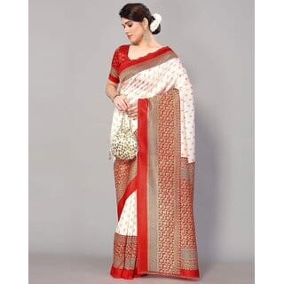 White And Red Colour  Art Silk Printed Saree