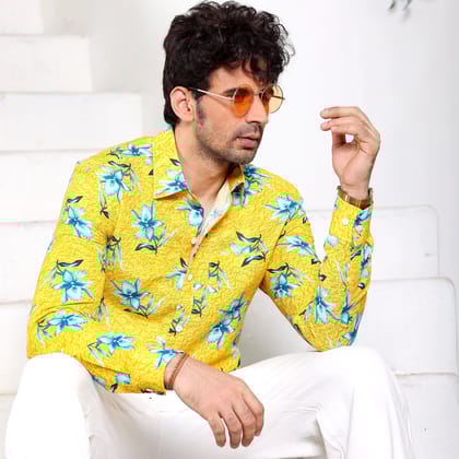 Aztec Lily Light Goldenrod Yellow Casual Pure Linen Full Shirt (Size - S) by BLUE EAGLE