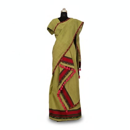 Olive Green Handloom Cotton Saree with Tassel Details