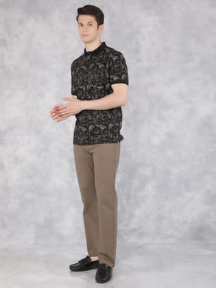 Black Floral Print Polo T-Shirt-M / Black