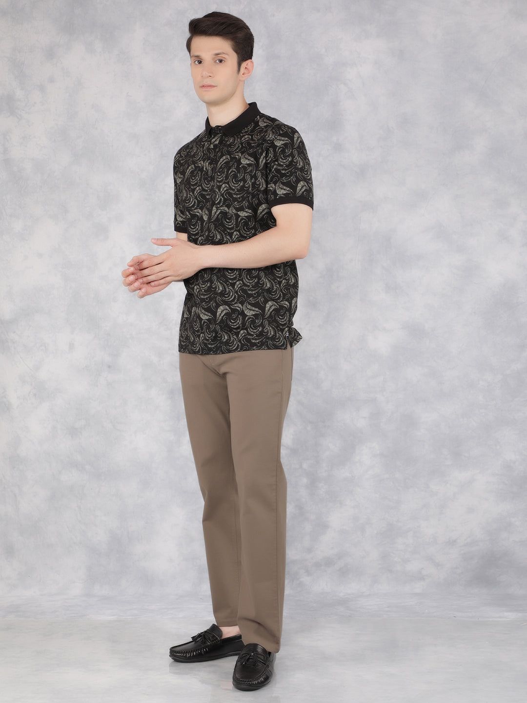 Black Floral Print Polo T-Shirt-M / Black