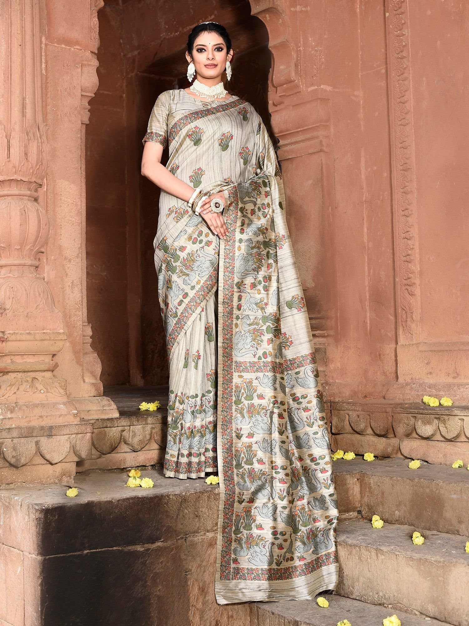 Dusty Grey Pure Tussar Silk Kantha Work Saree