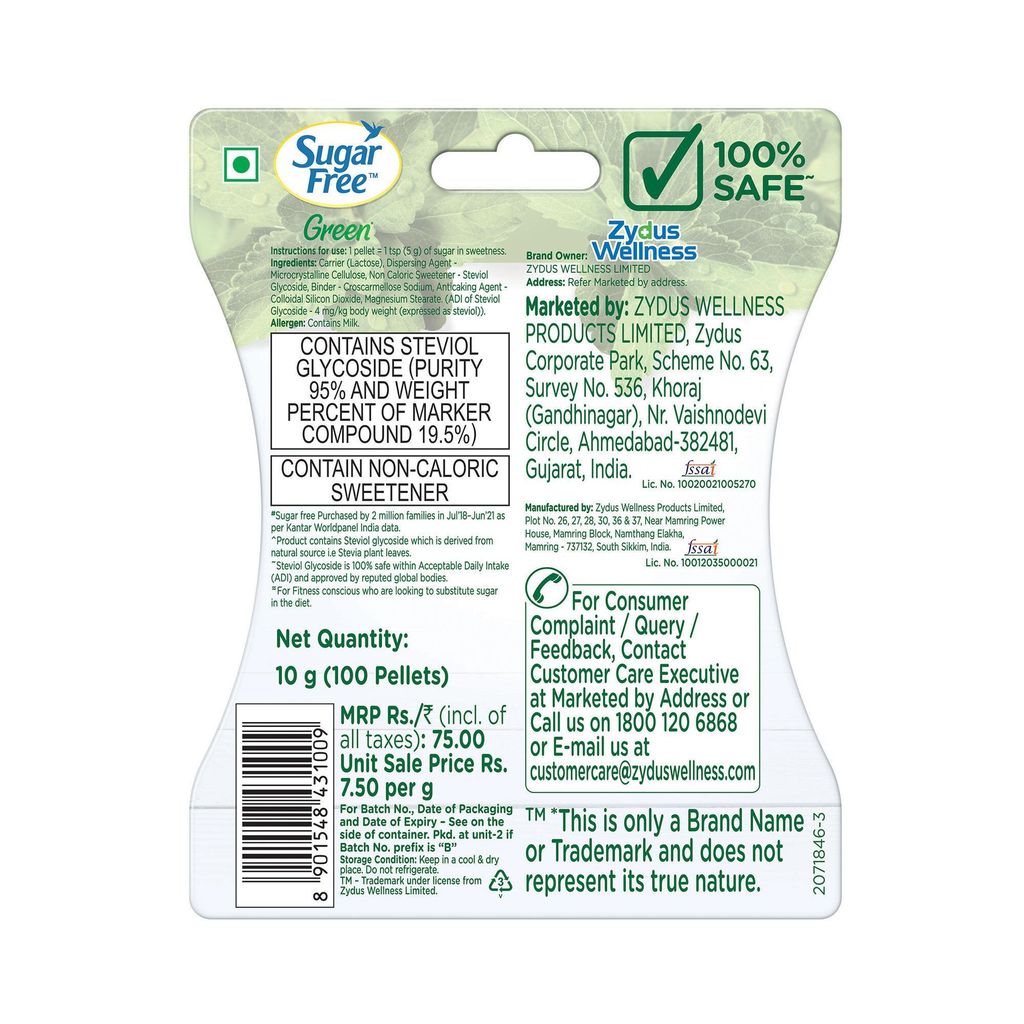 Sugar Free Green Stevia, 100 Pellets |100% Plant-based Natural Sweetener | 100% Natural Meethi Tulsi (Stevia) leaves| Sweet like Sugar but with zero calories | 10g