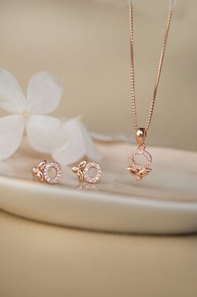 Halo Flower Rose Gold Plated Sterling Silver Pendant Set-With Chain / Rose