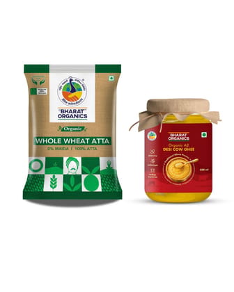 Organic A2 Desi Cow Ghee 500 ml  + 5 Kg Whole Wheat Atta -Bharat Organics
