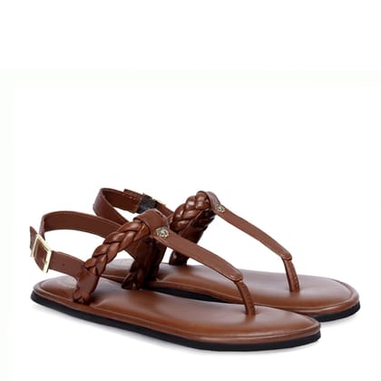Weaved Loop T-Strap Golden Buckled Dark Brown Genuine Leather Ladies Sandal by Brune & Bareskin-36/3