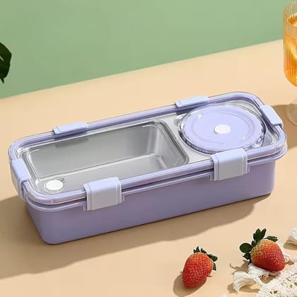 600ml 2 Compartment Stainless Steel Lunch Box with Cutlery and 150ml Cup-Purple