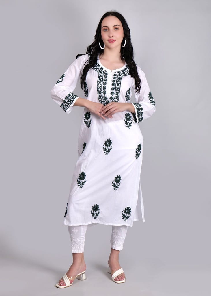 Chikankari in Mul cotton Kurta for Women - White with Green