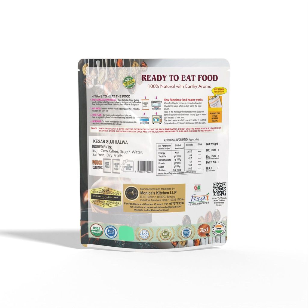 INDIAN KHANA KHAZANA Kesar Suji Halwa | No Added Preservative and Colours | Serve Hot Anytime Anywhere with our Flameless Food Heater inside the Pack | Indian Tasty Flavour Ready to Eat Food Kesar Suji Halwa