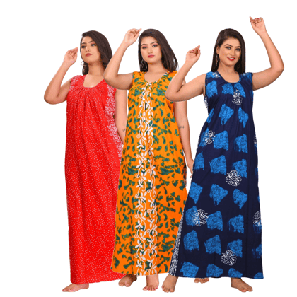 Fabimi Women Cotton Sleeveless Nighty In Combo 3 - Multi Colour Fabimi Women Cotton Sleeveless Nighty In Combo 3 - Multi Colour