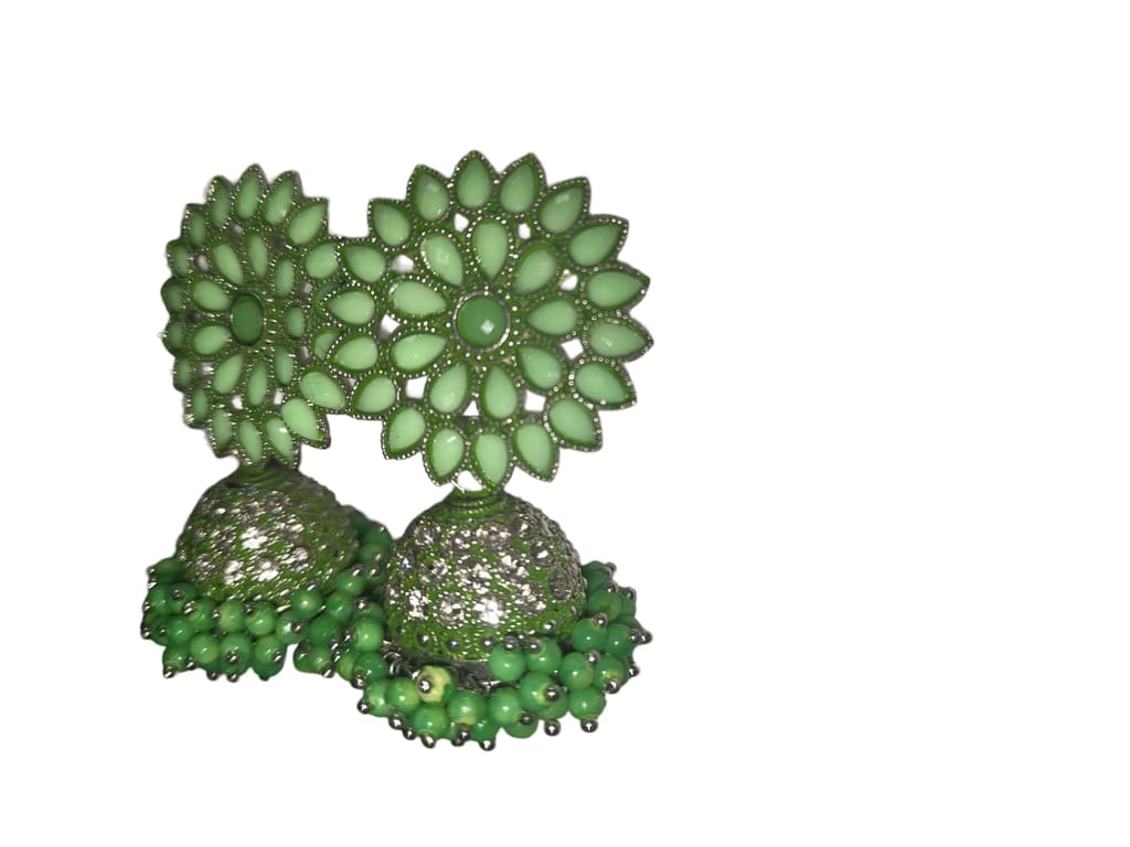 Green Jhumka Earrings with Kundan Stones and Pearl Beads