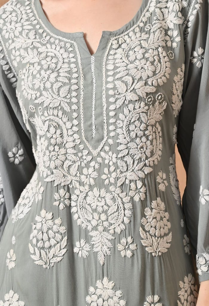 Hand Embroidered Chikankari Modal Plazo Set with 3D Floral Work – Ethnic Wear for Women