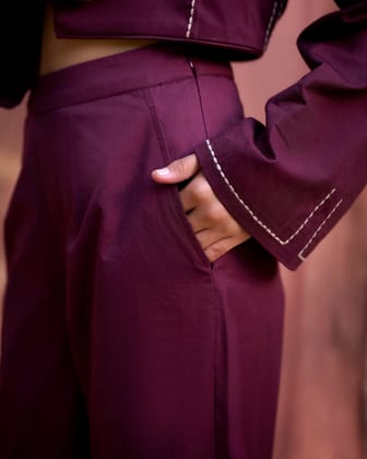 Solid Side Pockets Trousers - Burgundy-XS