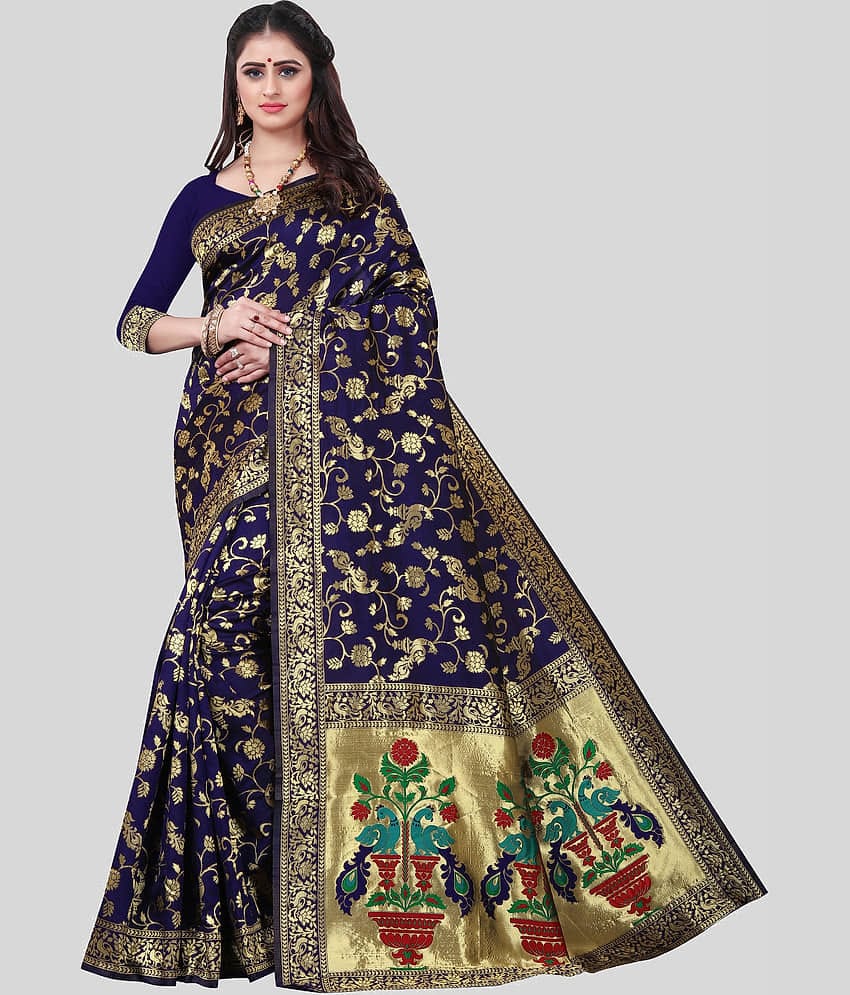 Gazal Fashions Banarasi Silk Embellished Saree With Unstitched Blouse Piece ( Blue )