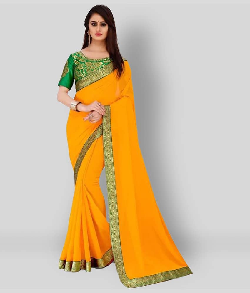 ANAND SAREES Chiffon Solid Saree With Unstitched Blouse Piece ( Yellow )