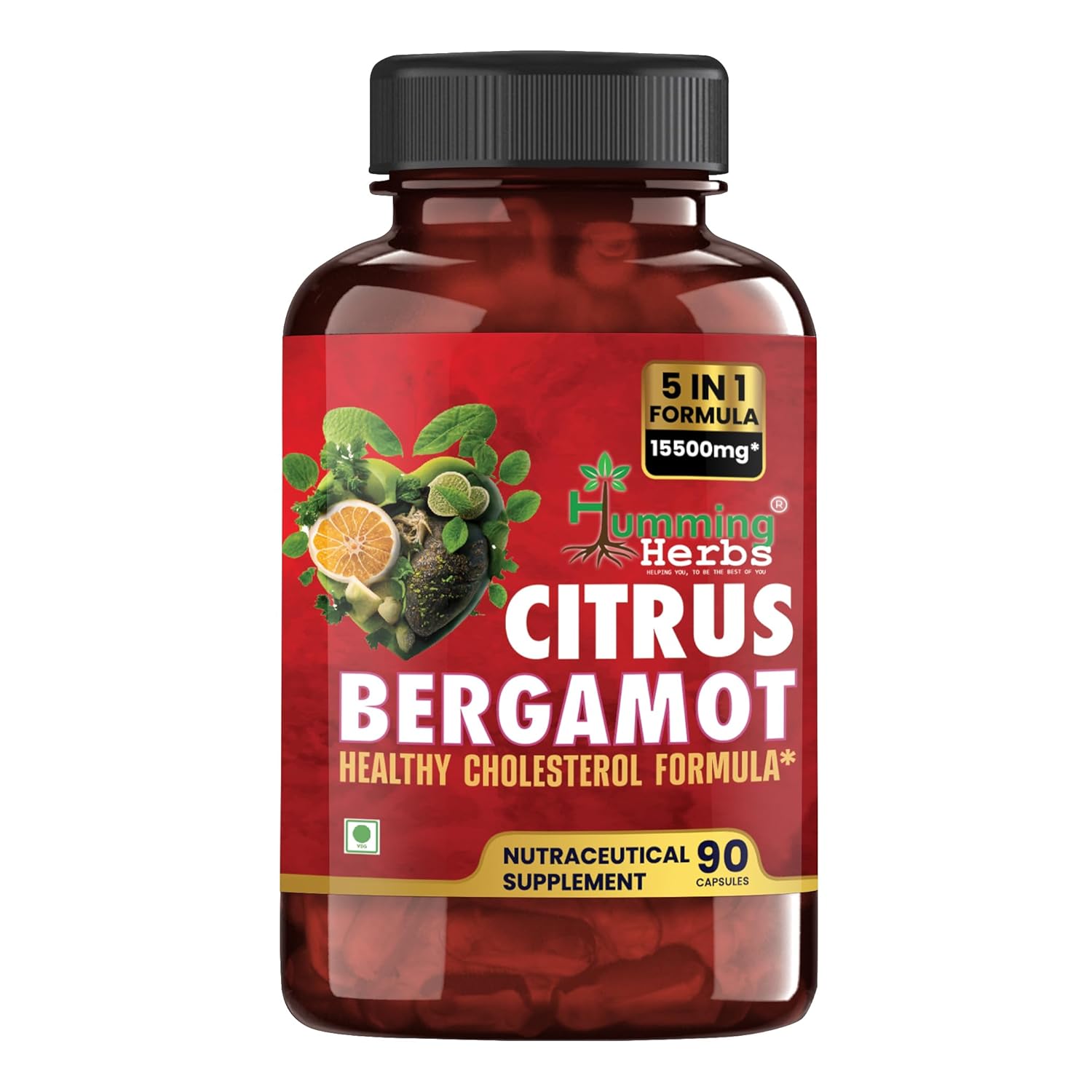 Humming Herbs Citrus Bergamot 15500mg - High Potency Cholesterol Support Supplement with Black Choke Berry, Niacin, Olive Leaf & Black Pepper Extract, Heart Health, Antioxidant, Vegan, 90 Capsules