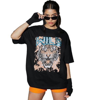 Leotude Women Cotton Blend Printed Oversized Fit Round Neck T-Shirt ( Black )