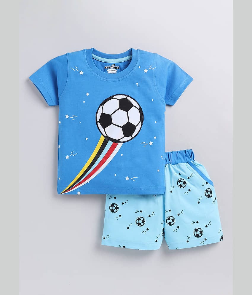 CUTOPIES Pack of 1 Boys Cotton Blend T-Shirt & Shorts Set ( Blue )