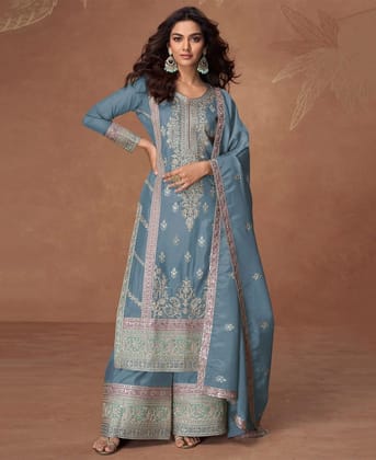 vichitra silk baby blue heavy embroidered straight suit for women